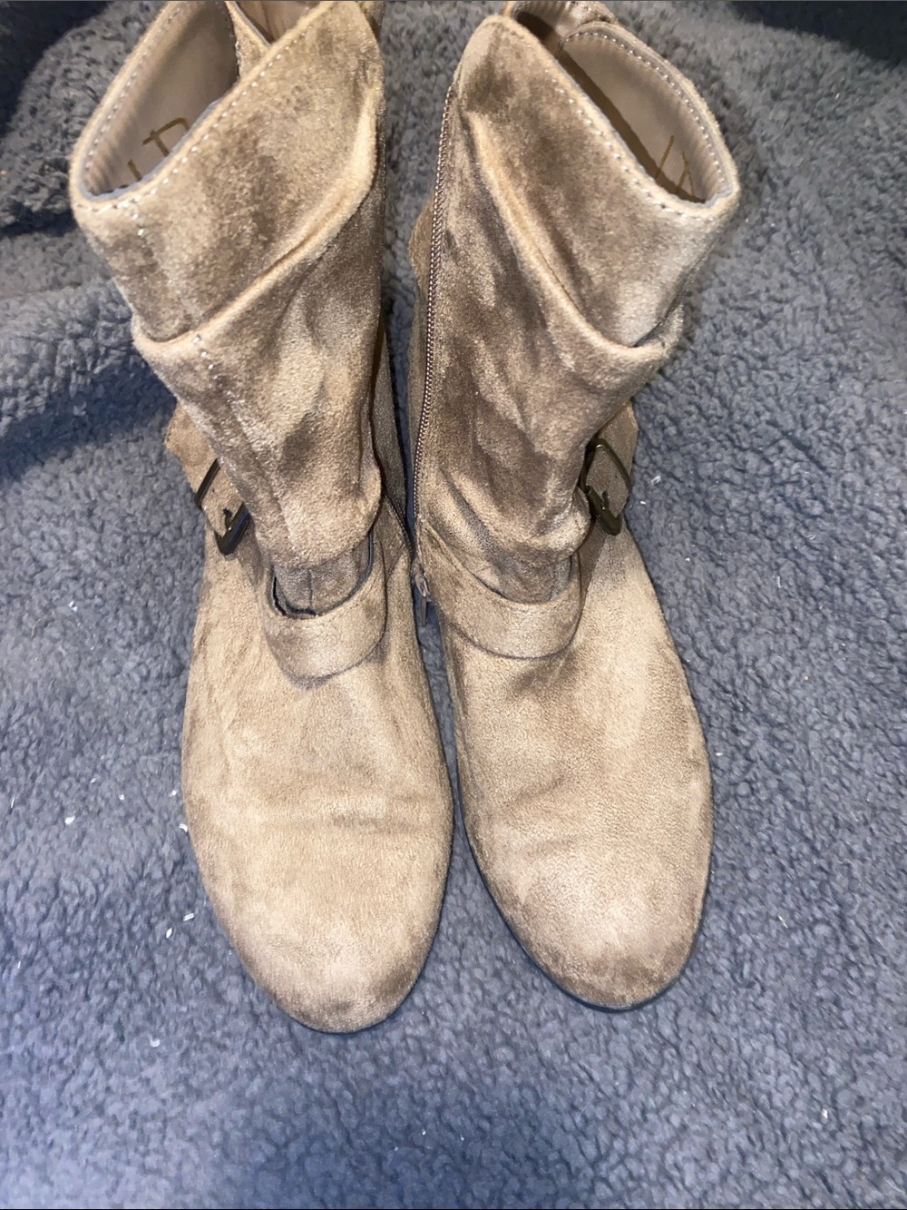 Women's Taupe Suede Ankle Buckle Booties